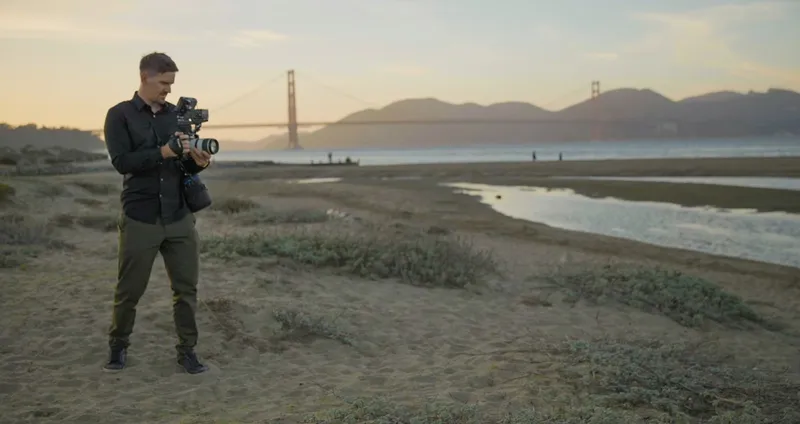 David Finlay shooting with a cinema camera by the Golden Gate Bridge, San Francisco