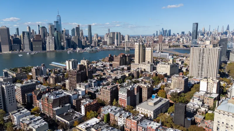 Aerial photo of Brooklyn Heights and the Manhattan skyline by Finlay Films