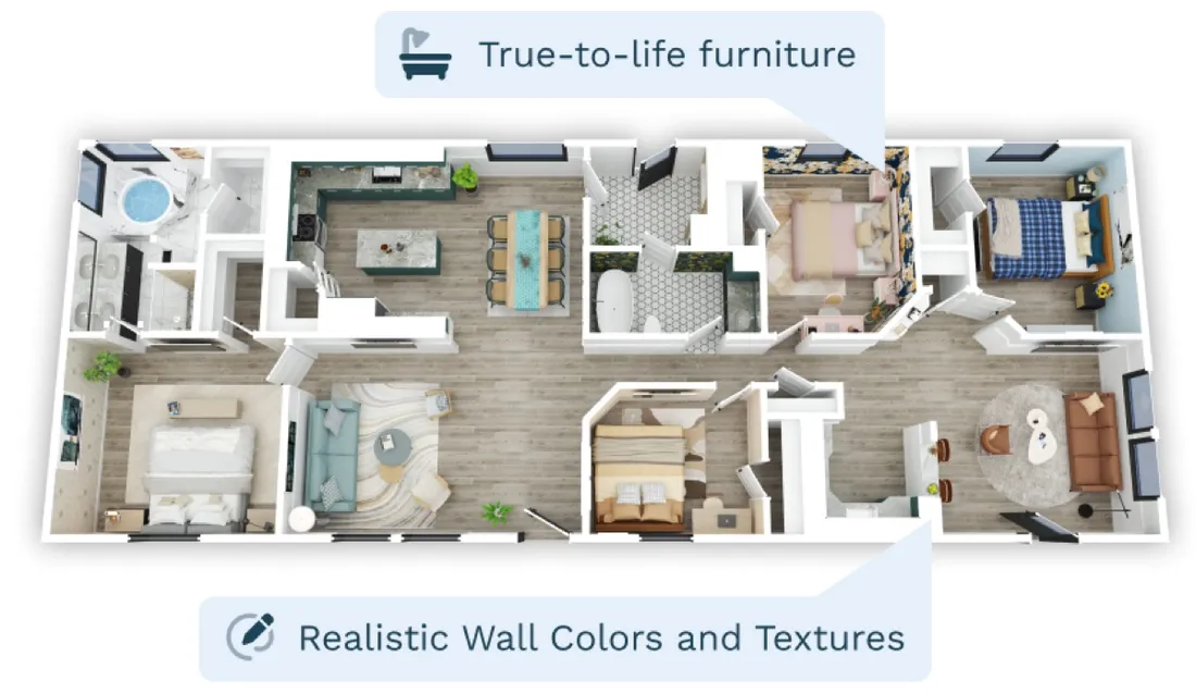 A colour 3D real estate floor plan with true-to-life furniture and finishes