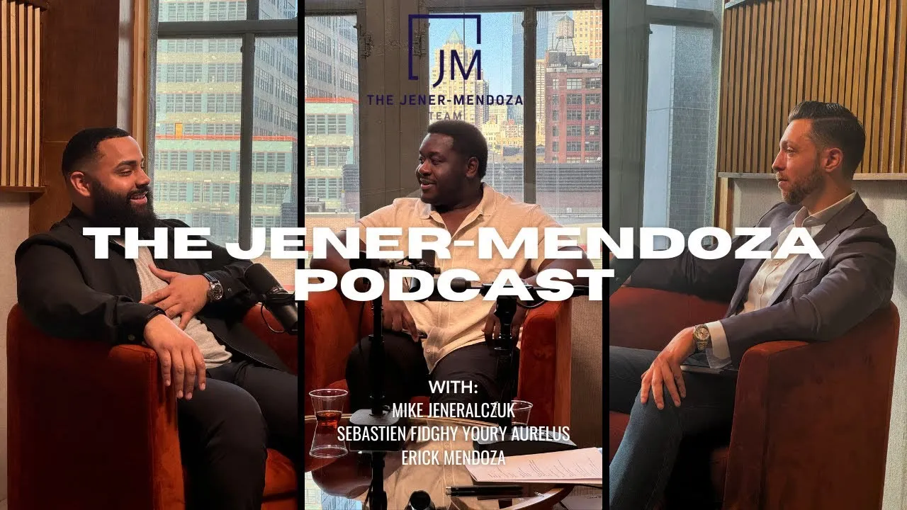 A Finlay Films-produced podcast recording, three hosts on camera with the NYC skyline behind them