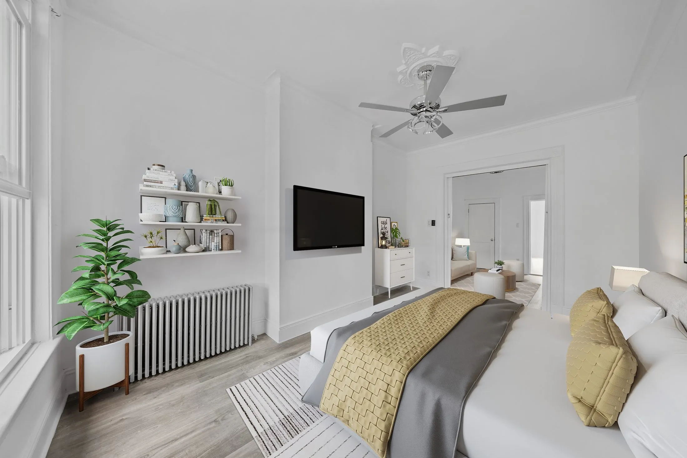 A room shown empty, then virtually staged by Finlay Films